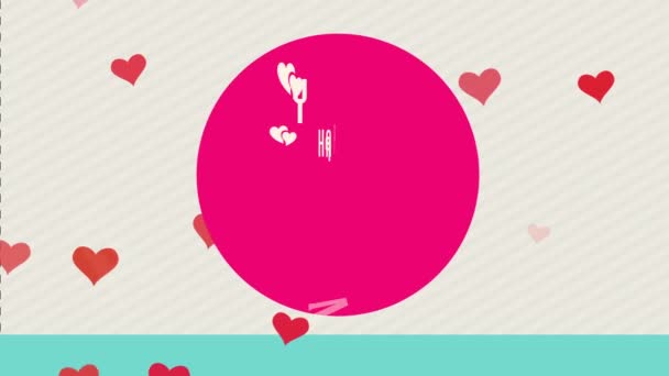 線形バウンスと喜びのバレンタインデーのスピンアニメーション愛は 斜線ストリップと色円上のシーンにオルガンと矢印の間に書かれた書き込み — ストック動画