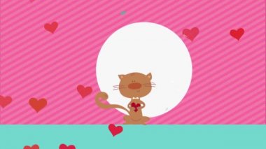 Sevgililer Günü 'nün bahar efekti eşliğinde kayarak kayıyor Sevecen kedilerin kalbini yakalıyor ve pembe çizgili arka planda beyaz bir kravat takıyor.