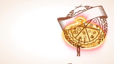 Dilimlenmiş pizza dilimlenmiş, tahtadan yapılmış tahta kesme tahtasının üzerine sarılı ve etrafını buğday dalları ve katlanmış kurdeleyle çevrili atalet hareketi.