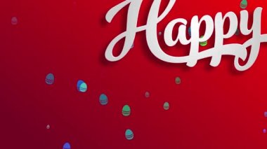 Zıplayan Düz Elementler Gülümseyen Paskalya Resepsiyon Kartpostalı Üzerinde Büyük Beyaz Klasik Ofset Üstünden Parlayan Kırmızı Arkaplan Işığı