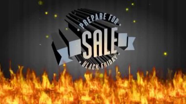 Üç boyutlu demir harflerle dizayn edilen büyük satış etkinliğinin bahar ve ölçeklendirme hareketi kırmızı alevler üzerinde bir daire oluşturdu.