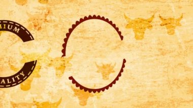 Dön ve Zıpla, süslü, taze sığır eti kasaplığı ve tekerlek ve görkemli boynuzları olan, Retro Offset tarafından çevrelenmiş, sivri boynuzlu bir erkek.