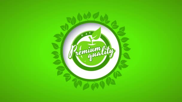 プレミアム品質の新鮮な健康的な有機食品のためのグリーンアップルのバイオ環境に優しいラベルを形成するフラット要素をバウンス — ストック動画