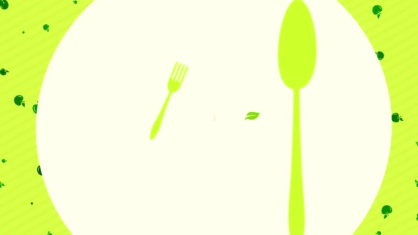 長い影と緑のパターンの背景に浮かぶ白い円の上にエコカトラリー視覚と野菜やビーガンアライメントダイニングルームの慣性バウンスとスピンアニメーション — ストック動画