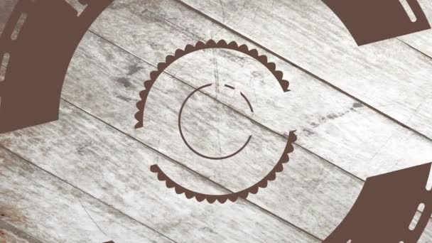 木地板上一个不规则的男性头像轮组成的肉店的线形缩放动画 兼具简朴质感的东方风格 木地板上的仿古字体 — 图库视频影像