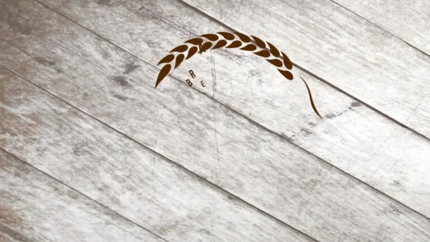 小麦分枝复古面包和糕点的线性缩放动画 在木质部地板上用经典过滤法创造出一个循环的文本循环 — 图库视频影像