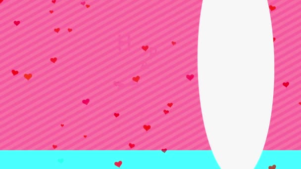 言葉で満足したバレンタインデーを形成するフラット要素をバウンス屋内ホワイトオーバルハンドリングピンクの矢印で交差するフォントと言語ストライプの背景 — ストック動画