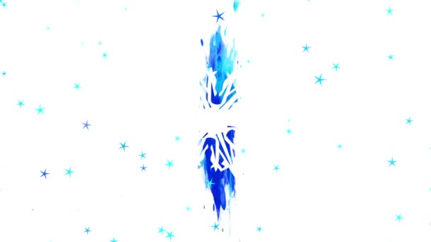 在蓝色水彩画的大块金属粉盘上喷出带有尖尖尖尖的白色圣诞雪花 形成松驰的白色快乐圣诞雪花 — 图库视频影像