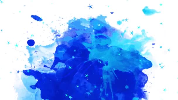 在蓝色水彩画上应用惯性弹簧滑动和刻度运动效果来实现一愿你圣诞快乐和用瘦小的白色字体做广告的新年快乐商店 — 图库视频影像
