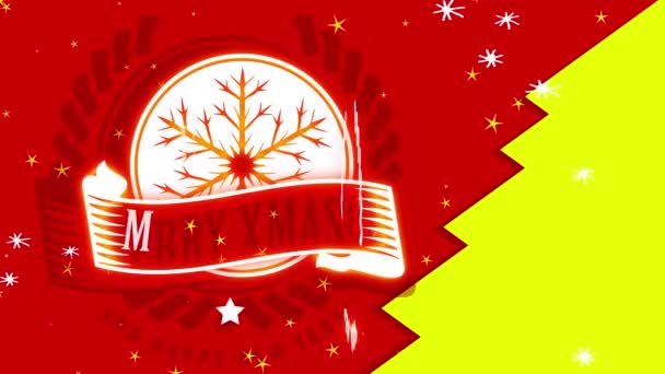 Kırmızı Kağıda Yeşil Ağaç Figürüne Bölünmüş Beyaz Izli Mutlu Noeller — Stok video