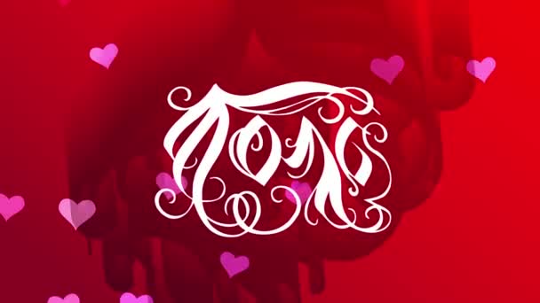 Éléments plats rebondissants formant la Saint-Valentin Réception Carton Script Art avec des formes ornementales blanches Créer mot amour reflétant sur la scène rouge 