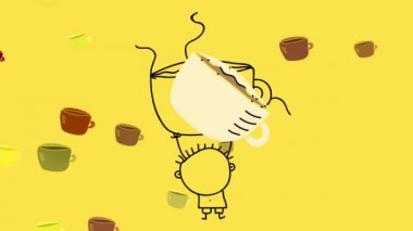 Yüzünde bir gülümsemeyle ondan daha büyük bir sıcak çikolata bardağı çalan ve arka planda bir sürü içki bardağı belirip kaybolan yaramaz çocuğun eylemsizliği.