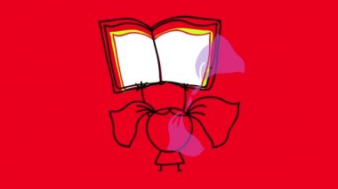 Mor saçlı, elinde kitap tutarak gülümseyen küçük bir kızın iyi bir öğrenci olduğunu ve çocuklar için iyi okuma alışkanlıklarını benimsediğini gösteren elementlerin hareketi.