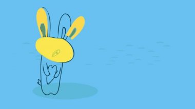 Basit elementlerin atalet hareketi, şeffaf kalp desenli arka plan oluşturur, sevimli bir aşk ifadesi ve bıyık gibi ağzı olan komik sarı tavşanın arkasında sevgililer günü kartı için kırmızı bir kalbe sarılır.