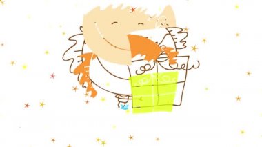 Doğrusal hız düşüşü, gülümseyen bir kızın yeşil bir hediye kutusuna sanki evcil bir hayvanmış gibi sarılması ve yavaşça hareket eden yıldızlarla arka plan merkezine düşmesi.