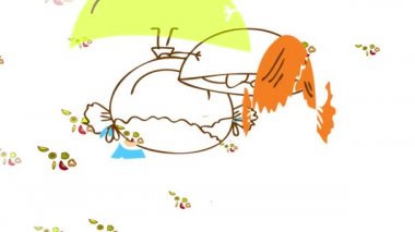 Zıplayan düz elementler küçük mutlu bir kızın elinde kocaman bir kâse tutarak arka planda süzüldüğü renkler oluşturuyorlar.