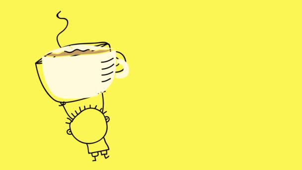 Spinning et éléments rebondissants crée petit garçon avec expression de bonheur de son visage donnant une grande tasse de café chaud à quelqu'un pour profiter comme un cadeau démontrant l'innocence des enfants 