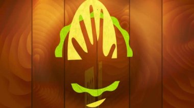 Yeniden kullanılabilir karton ve dijital ahşap yüzeyde yuvarlak desen ile eko gıda işaretinin doğrusal sekme ve döndürme animasyonu