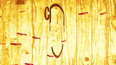Sarı parlayan kereste üzerine Pyrography becerisi ile inşa edilmiş cinayet mağazası için sığır eti kasabı amblemi atalet sıçraması ve döndürme animasyonu