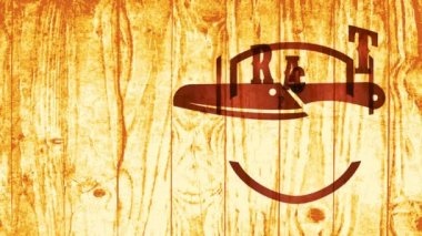 Altın parlayan ahşap üzerinde Pyrography becerisiyle yapılmış sığır eti kasabı ambleminin bahar efekti ile yavaşça ölçeklendirilmesi