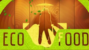 Yeniden kullanılabilir karton ve yeşillik dokusuyla çevrili ve ölçekli eko gıda etiketi dijital ahşap alan üzerine yuvarlanmış çizim