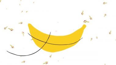 Zıplayan düz elementler mutlu küçük bir kız oluşturur. El çizimleri çizilmiş muz sandalyesinde zıplarken meyve salatası yapmak için ihtiyacı olan her şeyi düşünür.