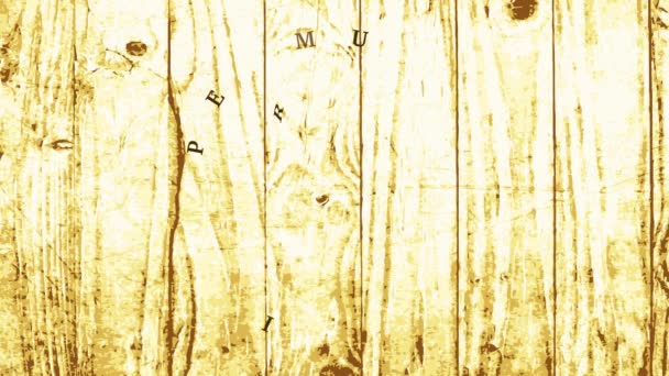 木のテクスチャを超える丸みを帯びた記章に豆と小麦の要素を持つプレミアム品質のコーヒーカフェショップの看板を形成する要素の動き — ストック動画