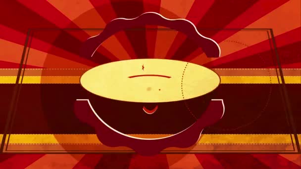 具有金属纹理标志的早餐咖啡具有春光效果的慢下来动画 浅谈红色防晒背景下的复古热咖啡标志 — 图库视频影像