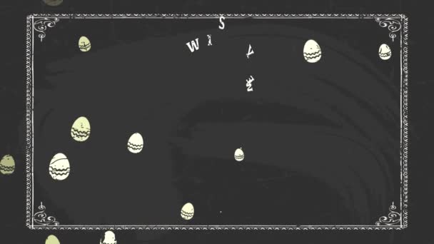 白いチョークでBlackboard上の幸せなイースター春のお祝いのポストの慣性バウンスとスピンアニメーションは空想を着用して卵の描画を飾りました — ストック動画