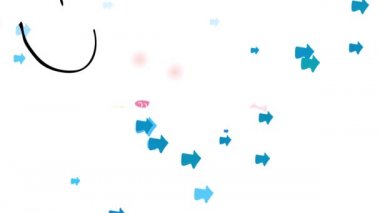 Zıplayan düz elementler Büyük bir okun üzerinde oturan bir kız sağ arka planda küçük mavi oklarla ekranın doğu tarafına doğru ilerliyor