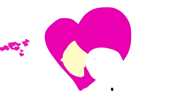 巨大なハート型の紙を持ち上げる少女の背景に愛の雨を表す画面の左側から飛んで小さなピンクのハートを形成するフラット要素をバウンス — ストック動画