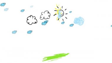 Kırmızı elbiseli, mavi tişörtlü, arka planda güneşle gülümseyen, hareketli bulutlu bir adamın elini tutan bir kadının atalet sektirme ve döndürme animasyonu