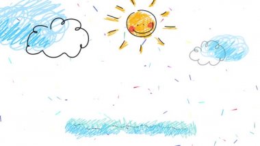 Sahilde dalgaları neşeyle sallayan ve kıran üç küçük kardeşin çizgisel ölçeklendirme animasyonu. Arka planda kuşlarla ve çok renkli konfeti ile birlikte.