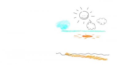 Yaz mevsiminde sahilde oynayan, gülümseyen ve dalgalara atlayan, farklı yaşlarda üç çocuğun boyalı kalemleriyle boyanmış sakar çocuksu çizimleriyle hareketli hareketler.