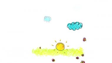 Mavi ve pembe pijamaları içinde, güneşin altında beş çocuğunun yanında çiçeklerle onlara gülümseyen bir kadın ve kocanın bahar efektiyle yavaşlayan bir animaj.