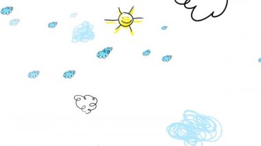 5 yaşında, aynı saç stillerini takınan ve arka planda hareket eden bulutlarla parkta yürüyen güzel bir çift kızın dönüşünü ve çizimini yapmak.