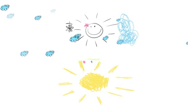 春とスケールの美しい3人家族の動く肖像画花々と夢のような風景の中で新鮮な夏の空気を感じて腕を開く幸せな太陽と青い雲 — ストック動画