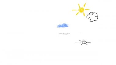 Bulutlu ve mutlu güneşli gökyüzü altında büyüyen yeşil çayır ve renkli çiçeklerin üzerinde benzer pembe elbiseler giyen iki ikiz kız kardeş çizen yumuşak hız animasyonu.