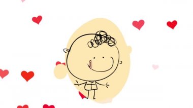 Zıplayan düz elementler mutlu bir genç adam pozu veriyor. Kırmızı tişörtlü, arka planda yüzen ve yanıp sönen küçük kalpler takıyor.