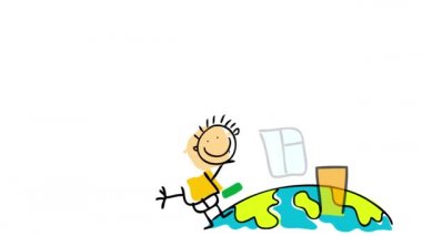 Bahar efektlerinin etkisiyle, izole edilmiş, yaz kıyafetleri giymiş, bacasından dumanlar çıkan bir evin tepesinde duran kız ve erkek çocuk çizgi filminin ağırlığını azaltmak.