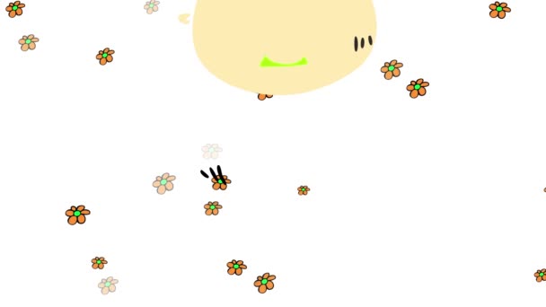 Vitesse et animation de glissière de mignon bébé garçon sautant dans les airs avec un sourire énorme sur son visage et une boucle drôle sur sa tête arrondie sur fond avec des fleurs jaunes flottant partout