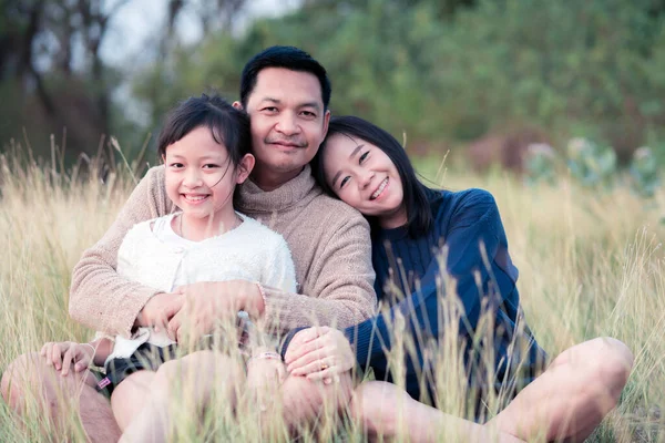 Happy family is sitting and hugging together on a meadow