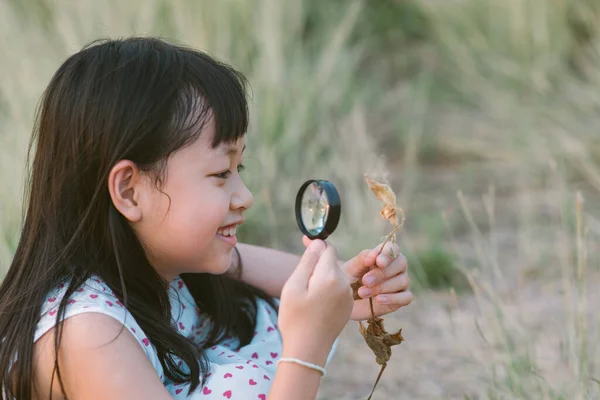 Mutlu Asyalı Kız Büyüteçle Doğayı Keşfediyor — Stok fotoğraf