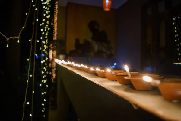 Happy Diwali Colorful Clay Diya Lamps Lit Diwali Celebration — Stock Photo, Image