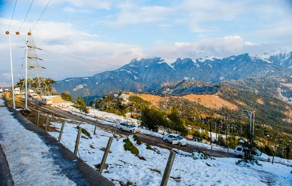 Carreteras Cubiertas Nieve Entre Las Montañas Patnitop Nathatop Jammu — Foto de Stock