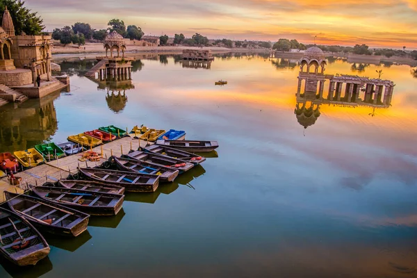 Jezioro Gadsisar Sagar Jaisalmer Rajasthan Wschód Słońca Nad Jeziorem Gadsisar — Zdjęcie stockowe