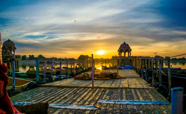 Lago Gadsisar Sagar Jaisalmer Rajasthan Amanecer Lago Gadsisar Sagar —  Fotos de Stock