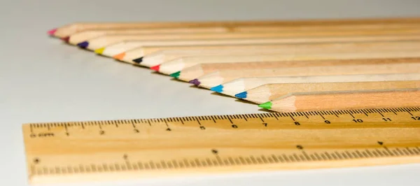 Hexagon Shaped Pencil Color Wooden Ruler Isolate White Background — Stock Photo, Image