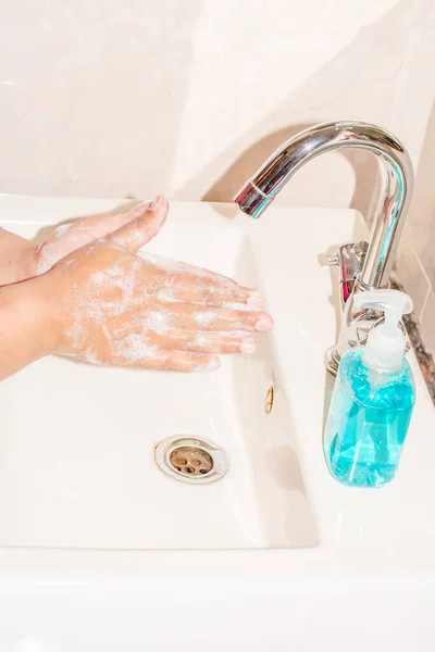Hand Hygien Corona Virus Förebyggande Rengöring Händer Med Handtvätt Tvål — Stockfoto