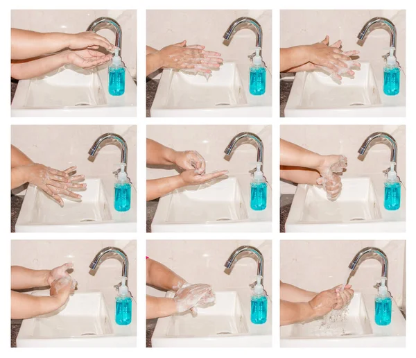 Hand Hygien Stegen Rengöring Händer Med Handtvätt Tvål Corona Virus — Stockfoto